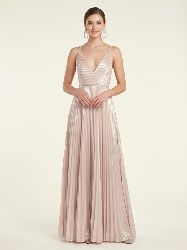 Metallic Satin A-Line V Neck Long Evening Dresses with Pleats