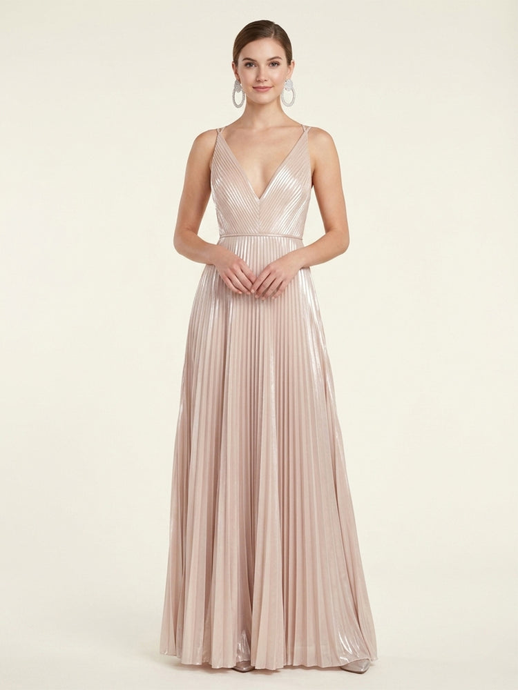 Metallic Satin A-Line V Neck Long Evening Dresses with Pleats