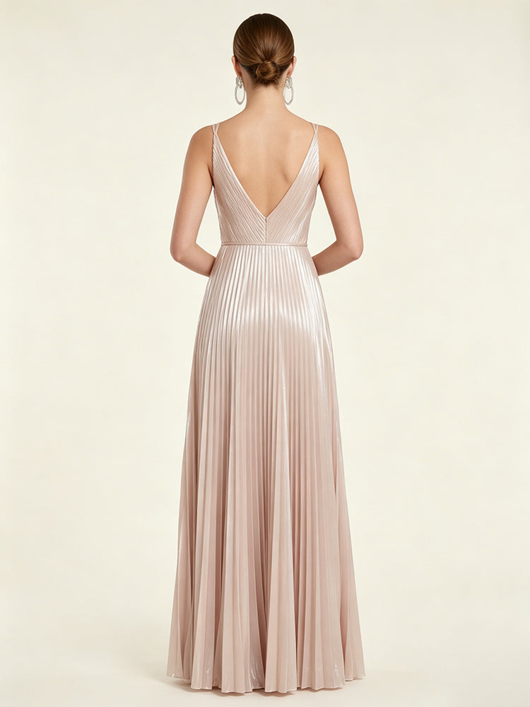 Metallic Satin A-Line V Neck Long Evening Dresses with Pleats