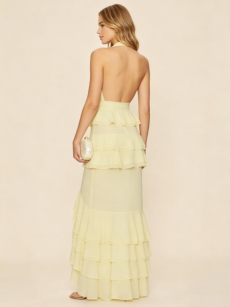 Chiffon Mermaid Halter Long Evening Dresses with Ruffles