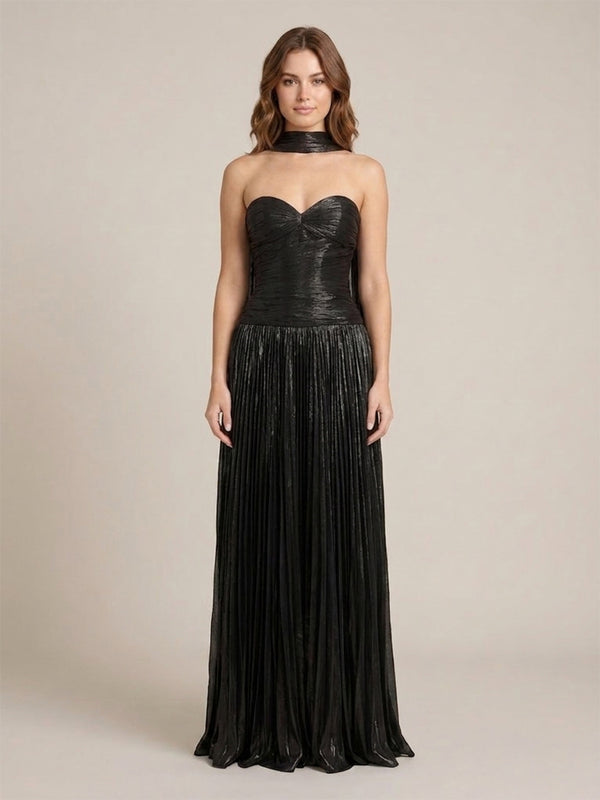 Metallic Satin A-Line Sweetheart Long Evening Dresses with Scarf