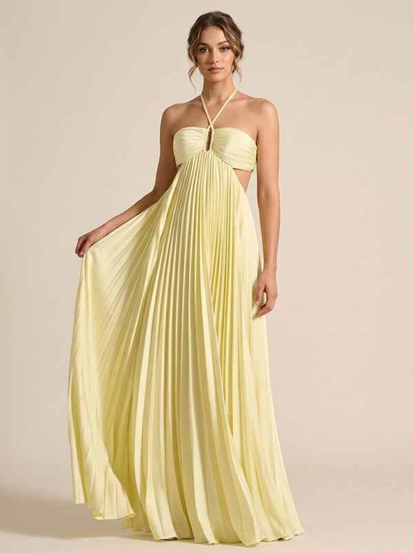 Chiffon A-Line Halter Long Evening Dresses with Pleats