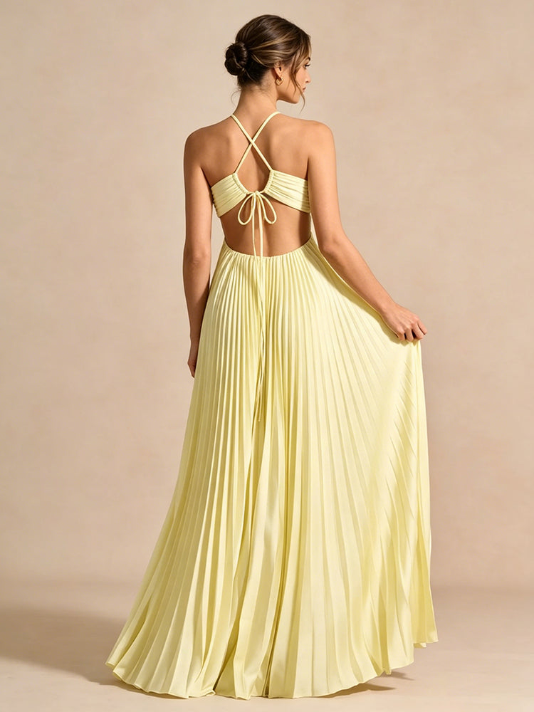 Chiffon A-Line Halter Long Evening Dresses with Pleats