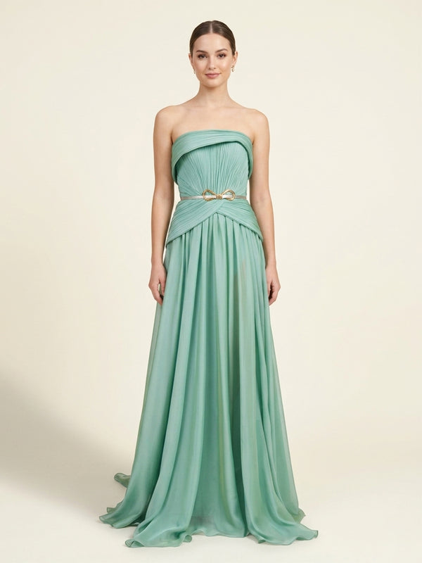 Chiffon A-Line Strapless Long Evening Dresses with Pleats