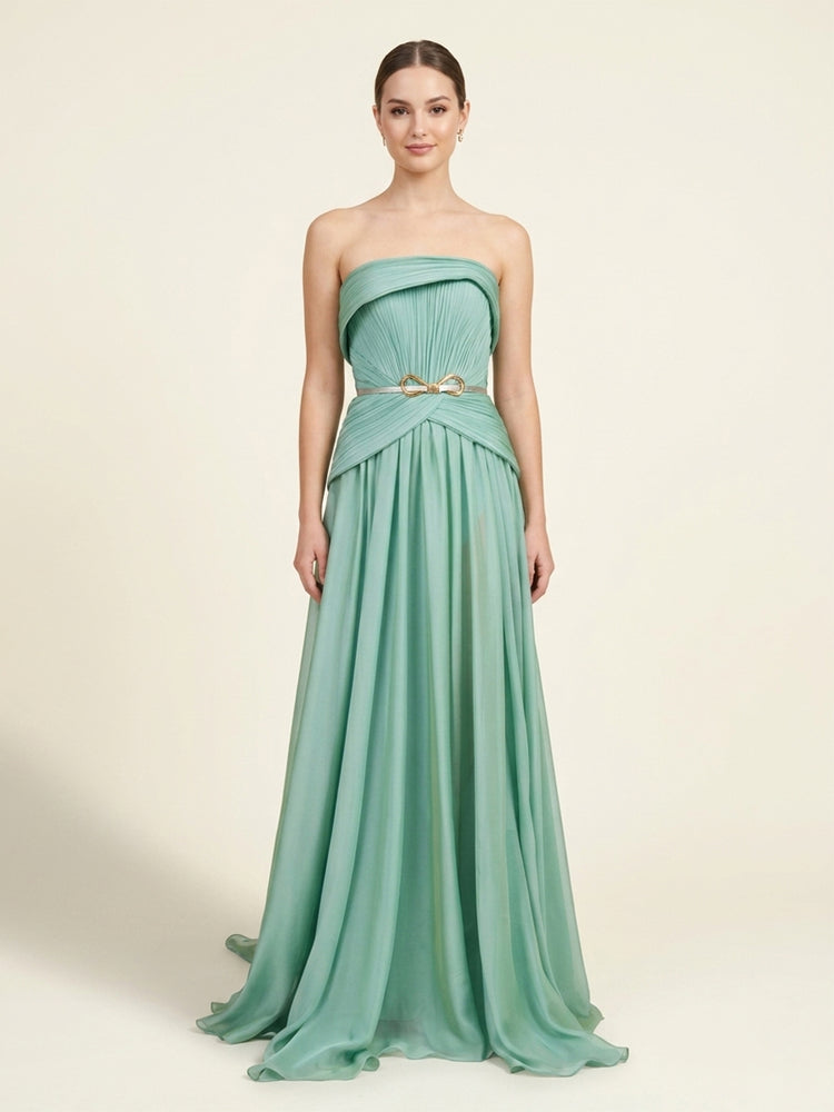 Chiffon A-Line Strapless Long Evening Dresses with Pleats
