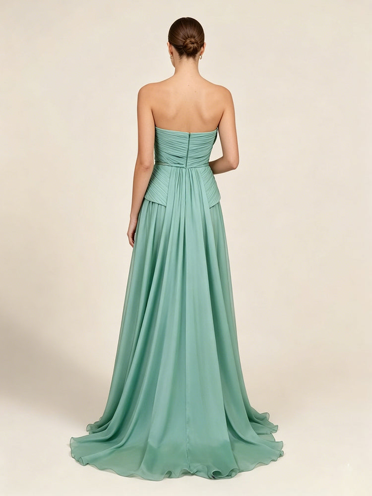 Chiffon A-Line Strapless Long Evening Dresses with Pleats