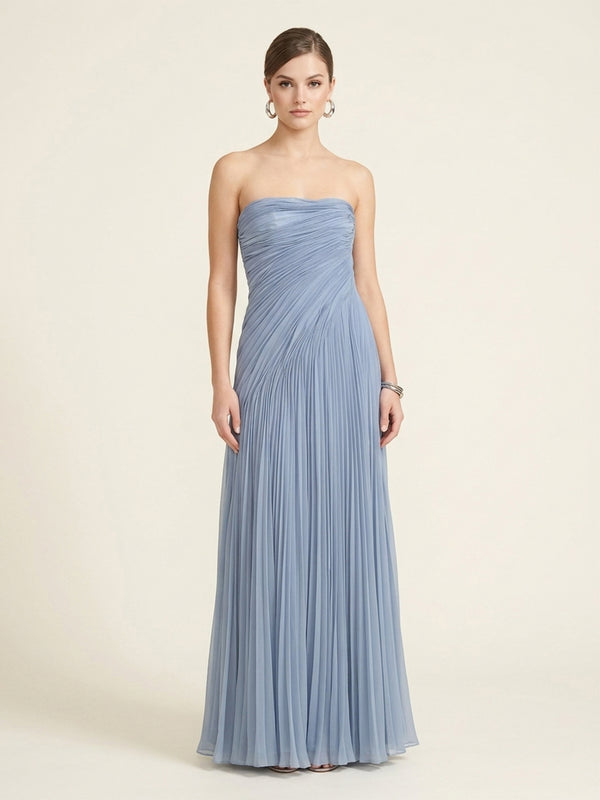 Chiffon A-Line Strapless Long Evening Dresses with Pleats