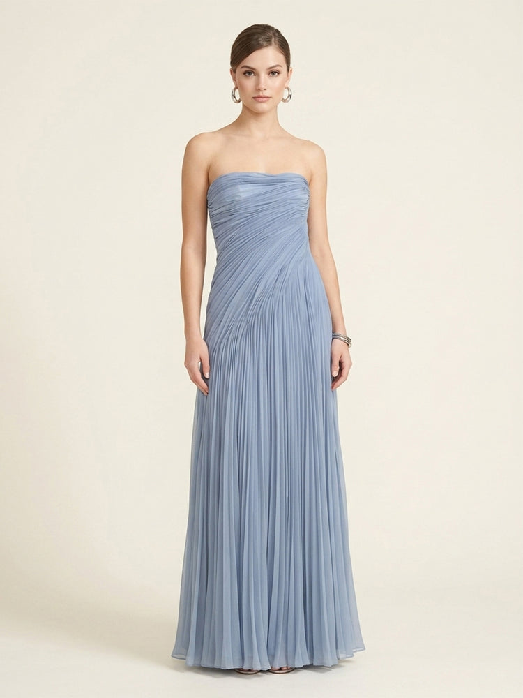 Chiffon A-Line Strapless Long Evening Dresses with Pleats