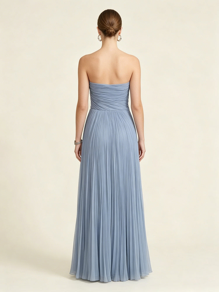 Chiffon A-Line Strapless Long Evening Dresses with Pleats