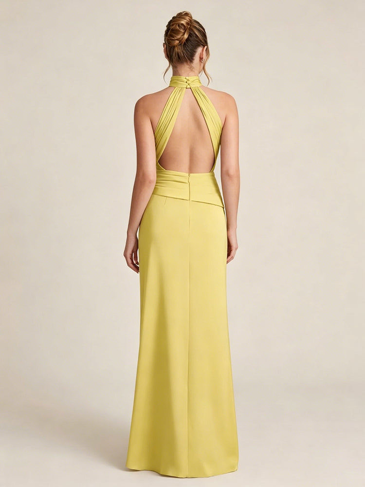 Satin Sheath Halter Neck Twisted Waist Long Evening Dress with Side Slit