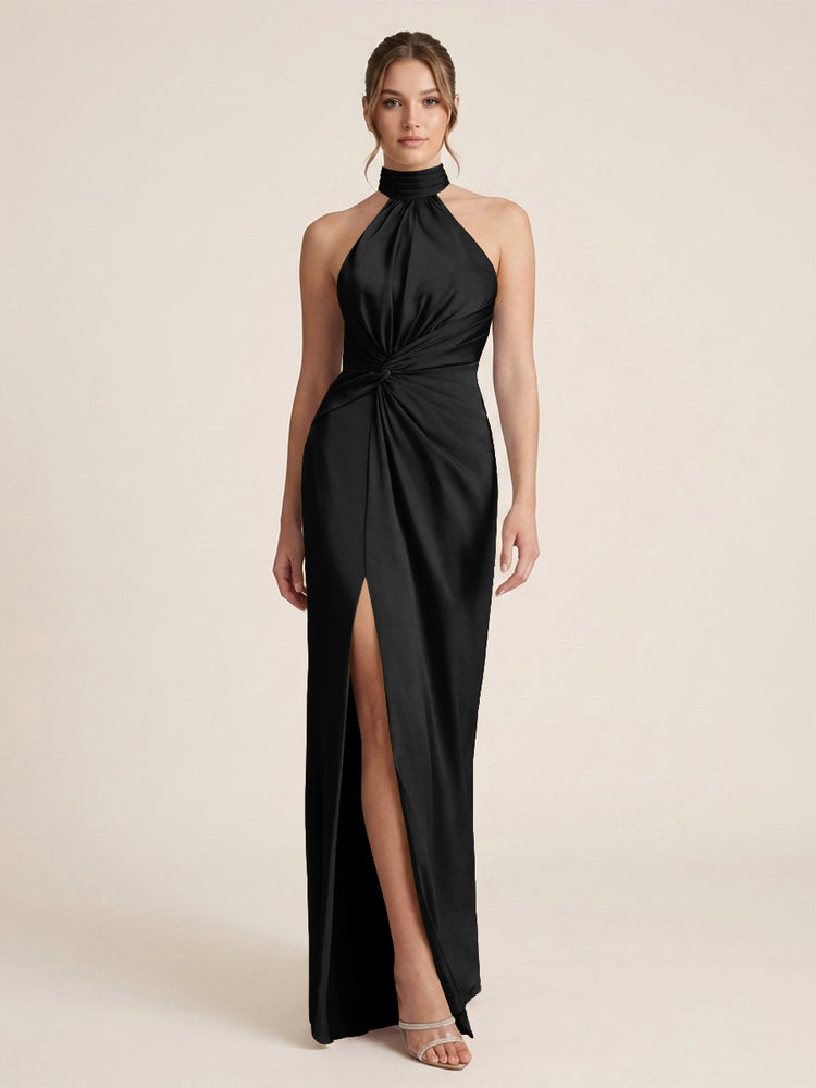 Satin Sheath Halter Neck Twisted Waist Long Evening Dress with Side Slit