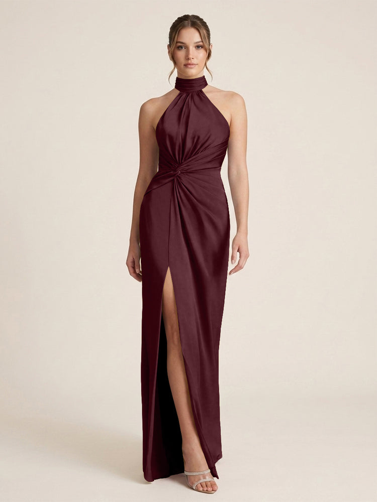Satin Sheath Halter Neck Twisted Waist Long Evening Dress with Side Slit
