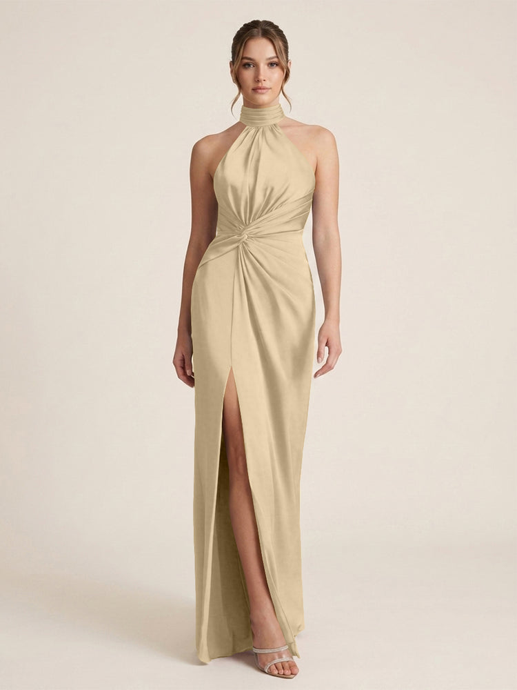 Satin Sheath Halter Neck Twisted Waist Long Evening Dress with Side Slit