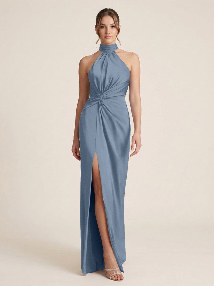 Satin Sheath Halter Neck Twisted Waist Long Evening Dress with Side Slit