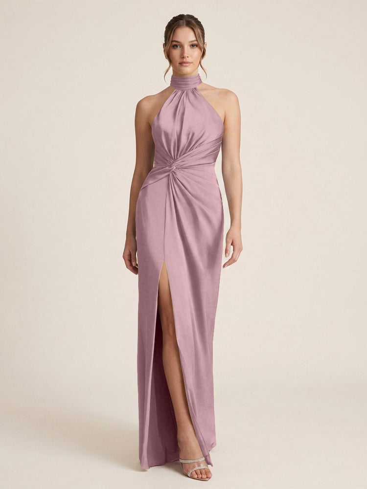 Satin Sheath Halter Neck Twisted Waist Long Evening Dress with Side Slit