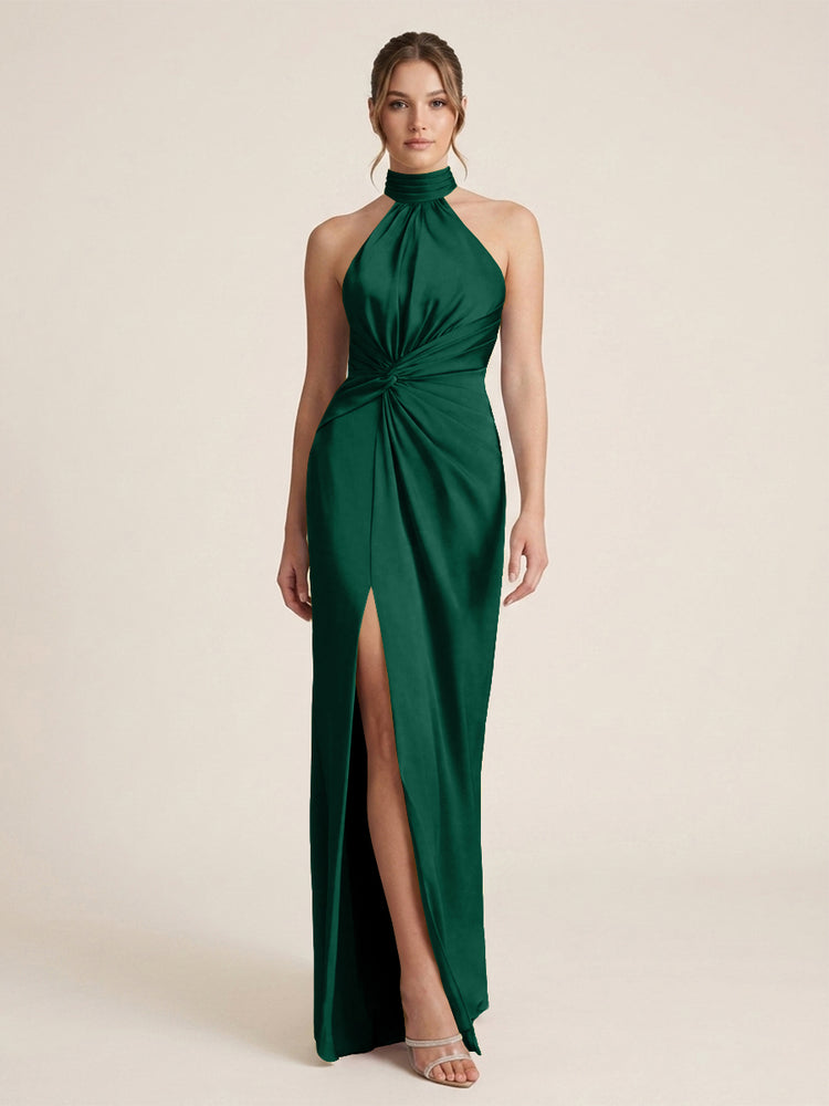 Satin Sheath Halter Neck Twisted Waist Long Evening Dress with Side Slit