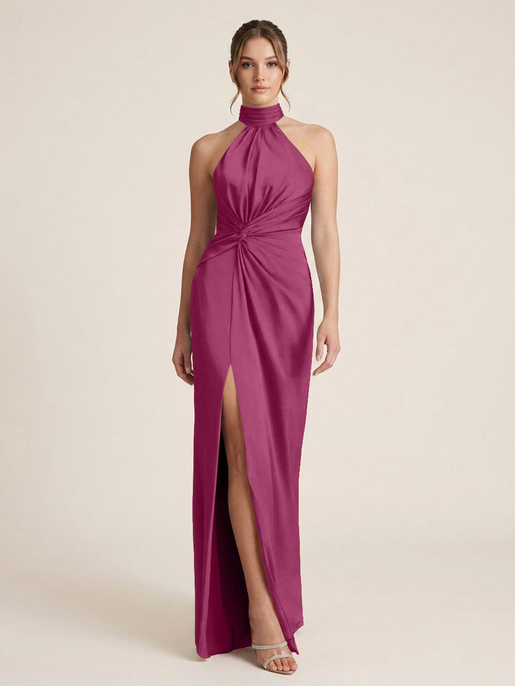 Satin Sheath Halter Neck Twisted Waist Long Evening Dress with Side Slit