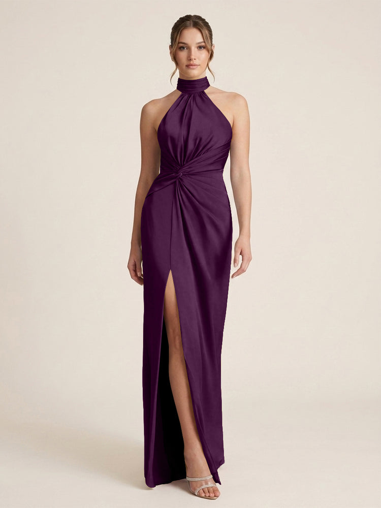 Satin Sheath Halter Neck Twisted Waist Long Evening Dress with Side Slit