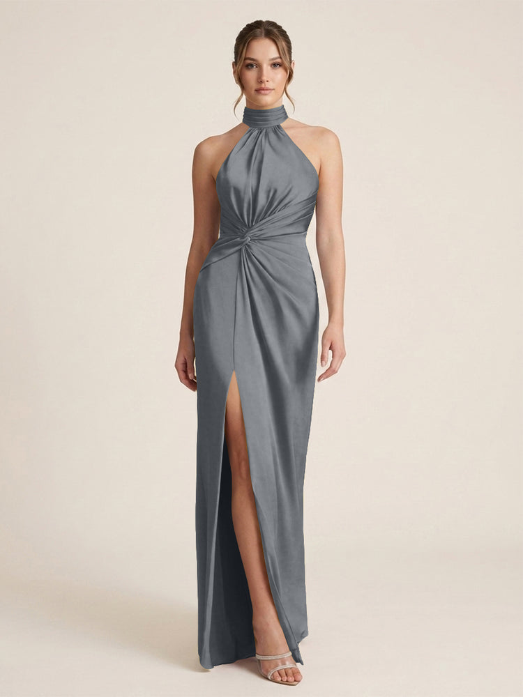 Satin Sheath Halter Neck Twisted Waist Long Evening Dress with Side Slit