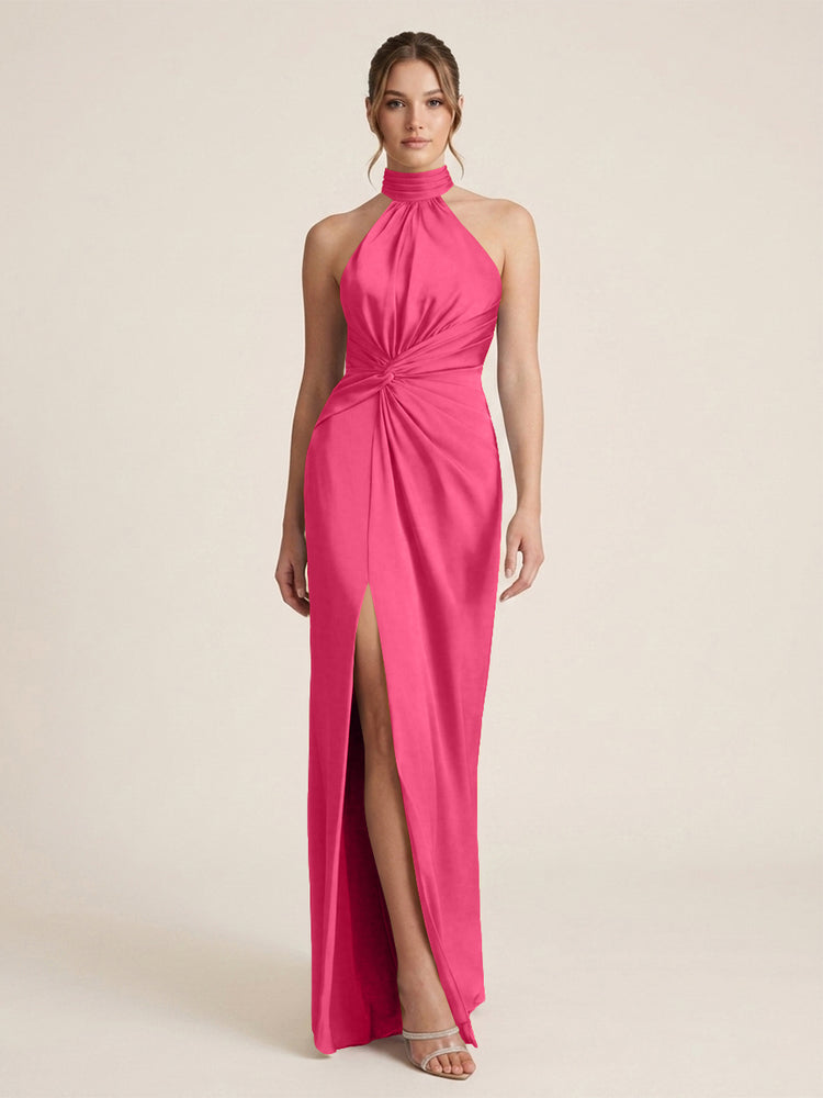 Satin Sheath Halter Neck Twisted Waist Long Evening Dress with Side Slit