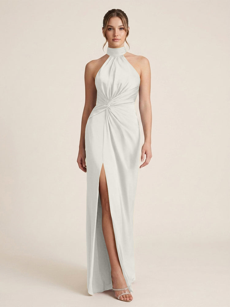Satin Sheath Halter Neck Twisted Waist Long Evening Dress with Side Slit