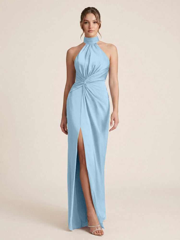 Satin Sheath Halter Neck Twisted Waist Long Evening Dress with Side Slit
