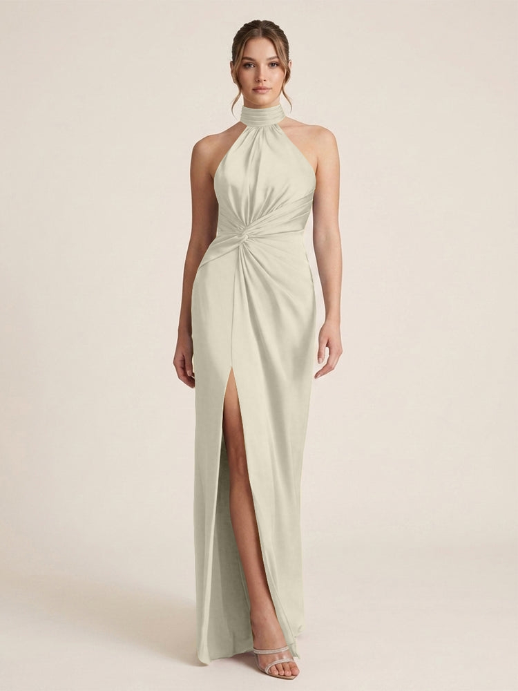 Satin Sheath Halter Neck Twisted Waist Long Evening Dress with Side Slit