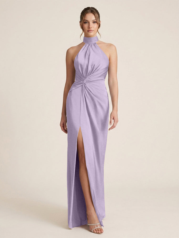 Satin Sheath Halter Neck Twisted Waist Long Evening Dress with Side Slit