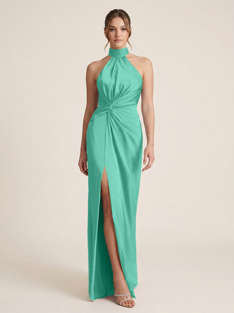 Satin Sheath Halter Neck Twisted Waist Long Evening Dress with Side Slit