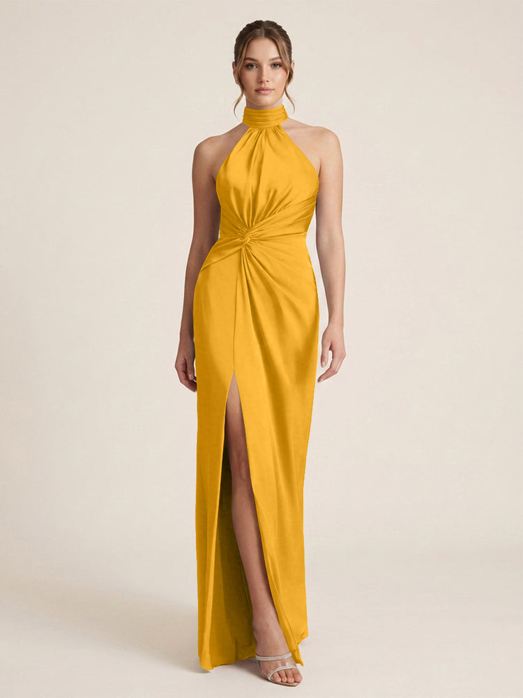 Satin Sheath Halter Neck Twisted Waist Long Evening Dress with Side Slit