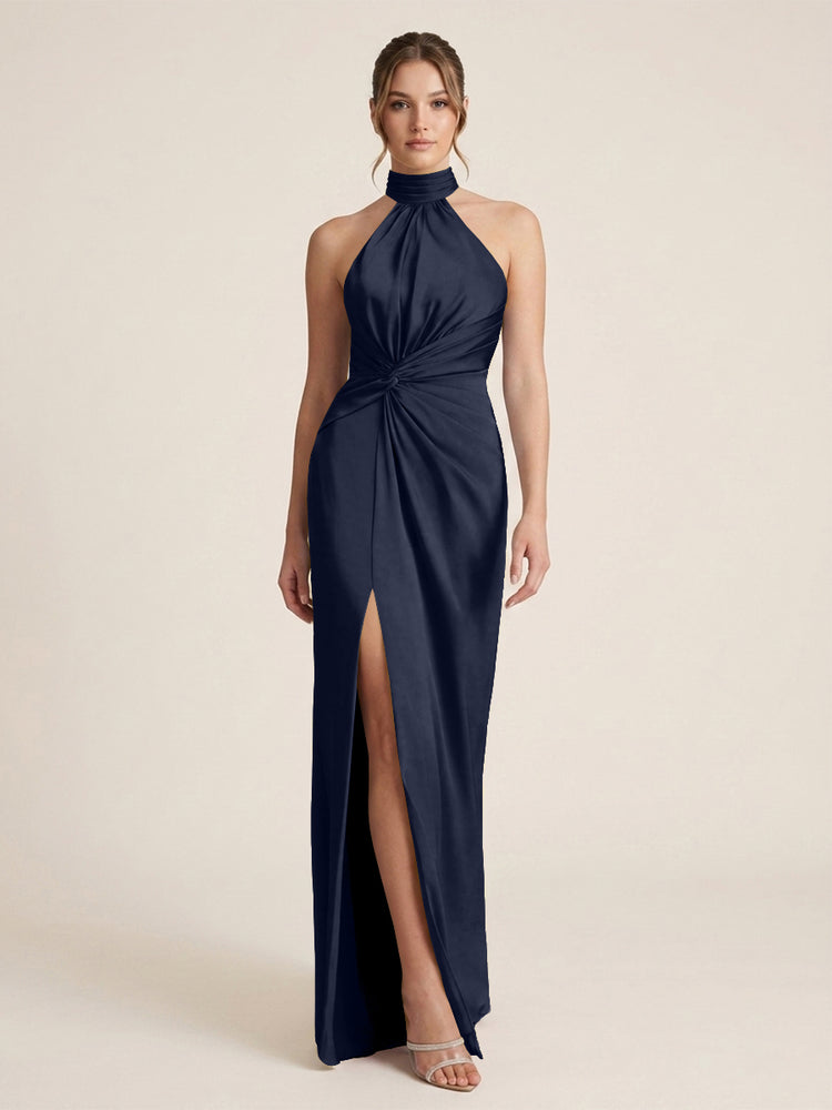 Satin Sheath Halter Neck Twisted Waist Long Evening Dress with Side Slit