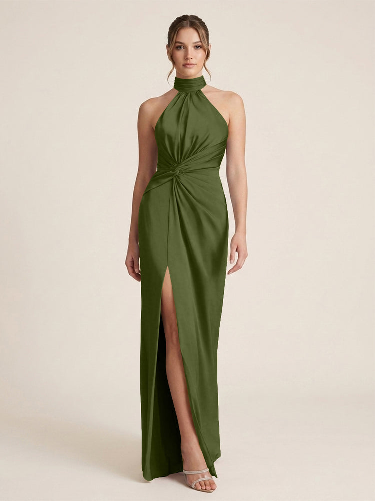 Satin Sheath Halter Neck Twisted Waist Long Evening Dress with Side Slit