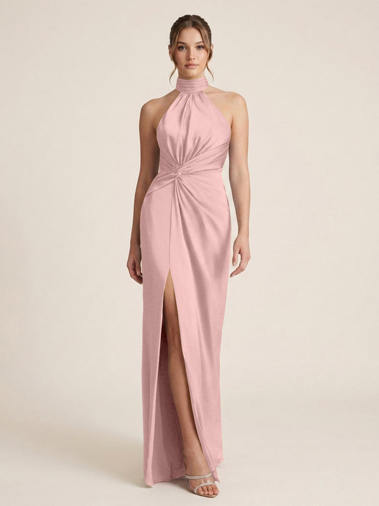 Satin Sheath Halter Neck Twisted Waist Long Evening Dress with Side Slit