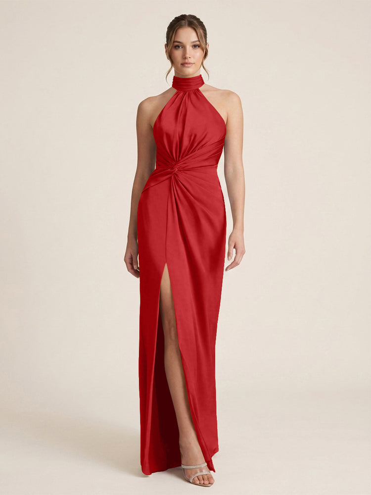 Satin Sheath Halter Neck Twisted Waist Long Evening Dress with Side Slit