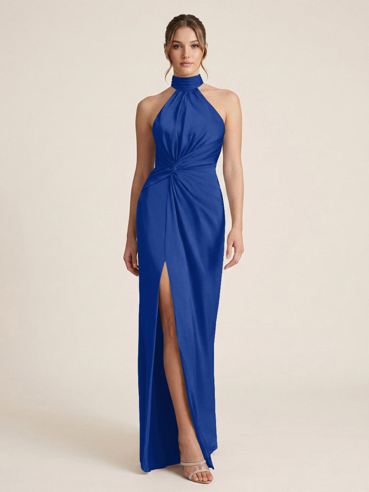 Satin Sheath Halter Neck Twisted Waist Long Evening Dress with Side Slit