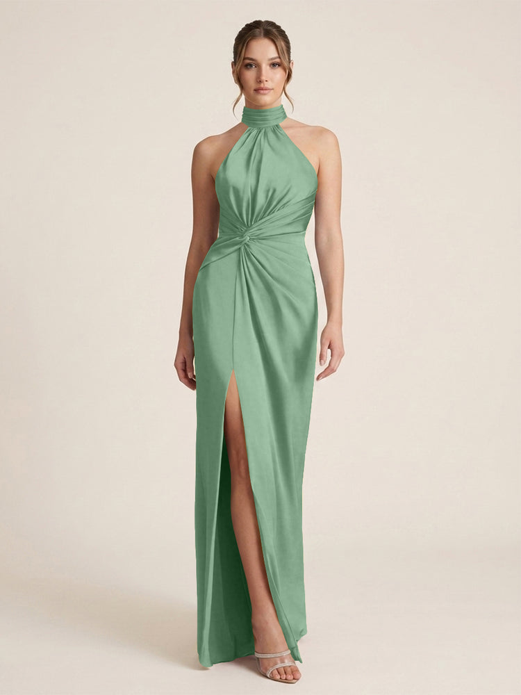 Satin Sheath Halter Neck Twisted Waist Long Evening Dress with Side Slit