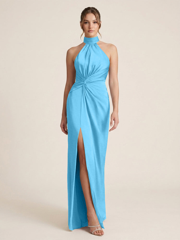 Satin Sheath Halter Neck Twisted Waist Long Evening Dress with Side Slit