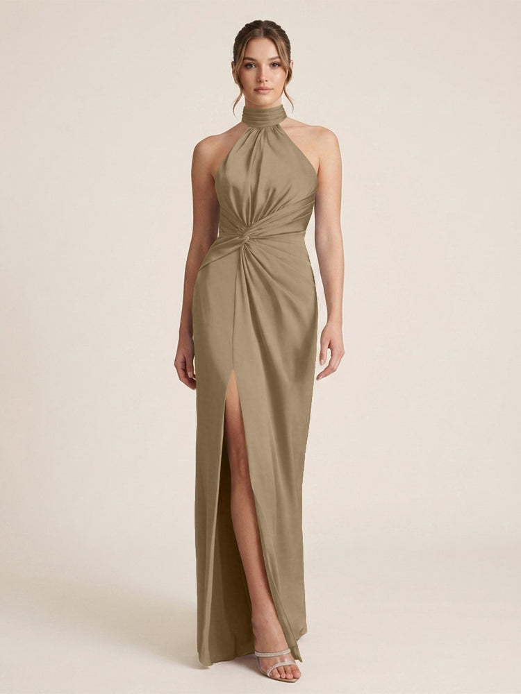 Satin Sheath Halter Neck Twisted Waist Long Evening Dress with Side Slit
