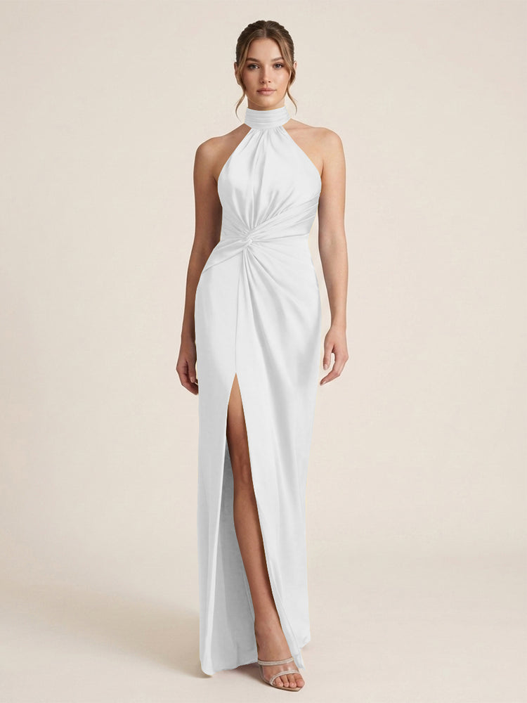 Satin Sheath Halter Neck Twisted Waist Long Evening Dress with Side Slit