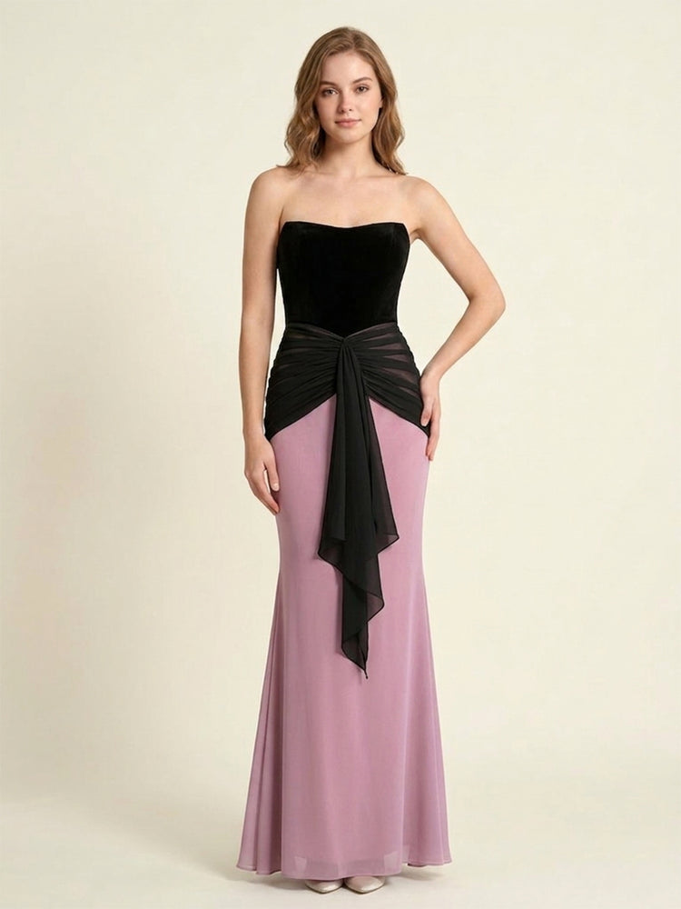 Chiffon Mermaid Strapless Long Ruched Fashion Evening Dresses