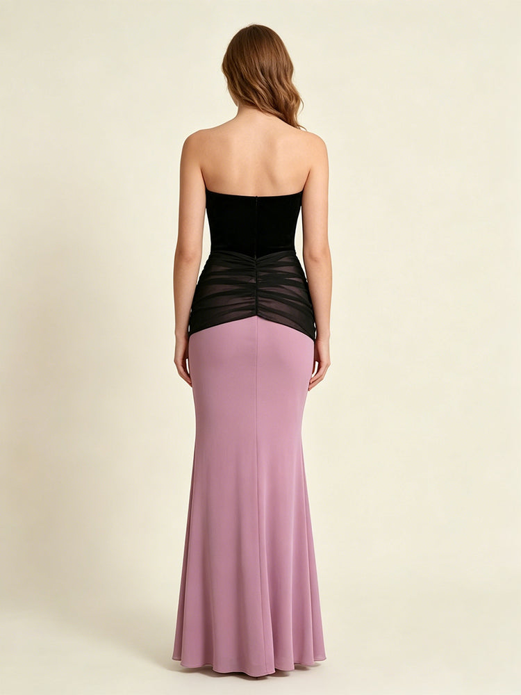 Chiffon Mermaid Strapless Long Ruched Fashion Evening Dresses