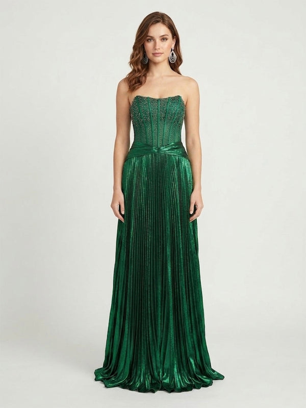 Metallic Satin A-Line Strapless Long Beaded Corset Evening Dresses