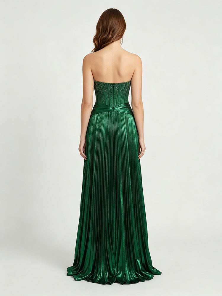 Metallic Satin A-Line Strapless Long Beaded Corset Evening Dresses