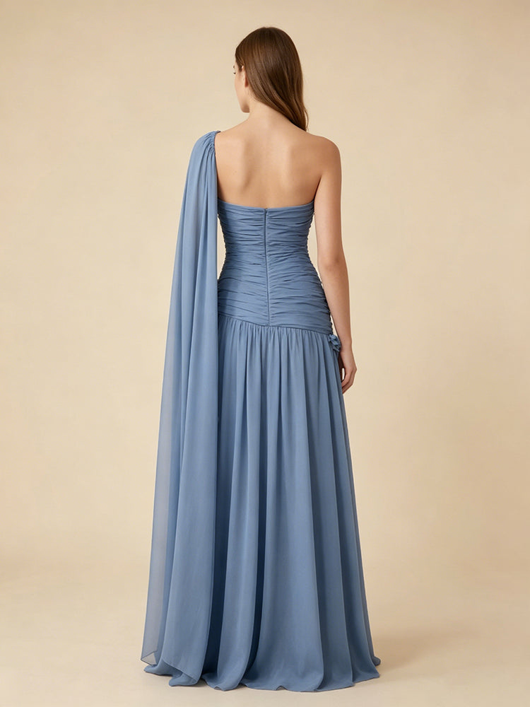 One Shoulder Ruched Chiffon A-Line Scattered Appliques Detachable Long Sheer Chiffon Cape Train Formal  Evening Gown with 3D Flowers