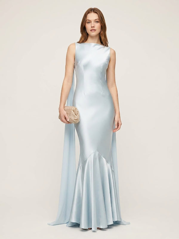 Satin Mermaid Boat Neck Long Evening Dresses with Sash
