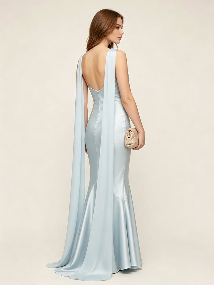 Satin Mermaid Boat Neck Long Evening Dresses with Sash