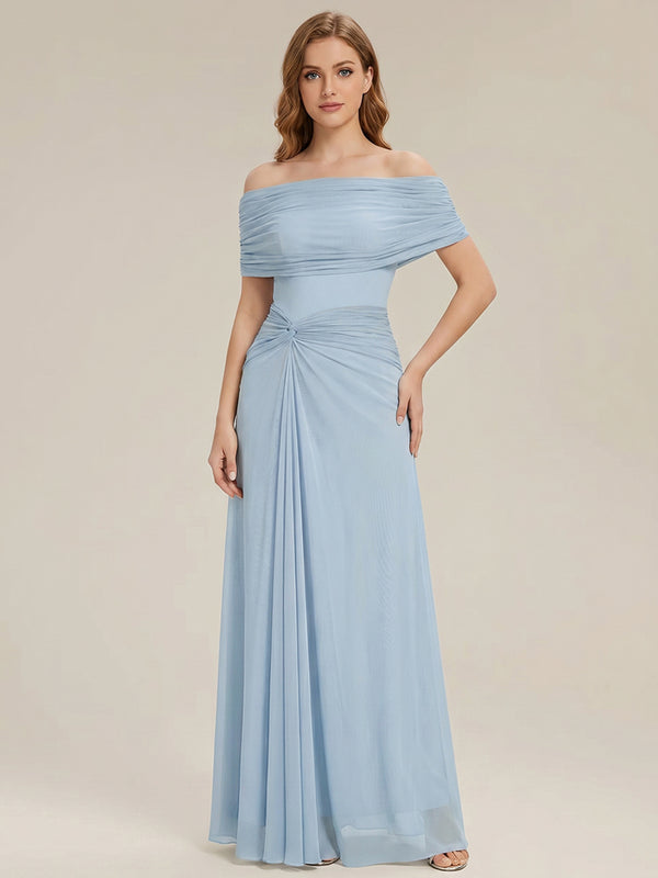 Chiffon A-Line Off the Shoulder Floor Length Ruched Evening Dresses