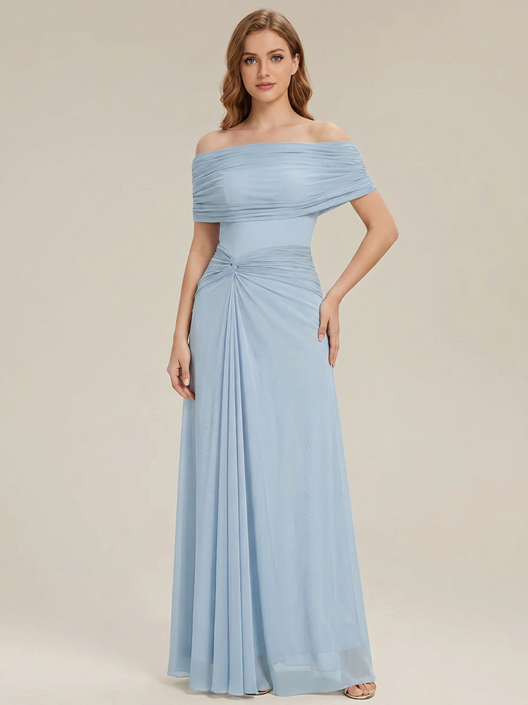 Chiffon A-Line Off the Shoulder Floor Length Ruched Evening Dresses