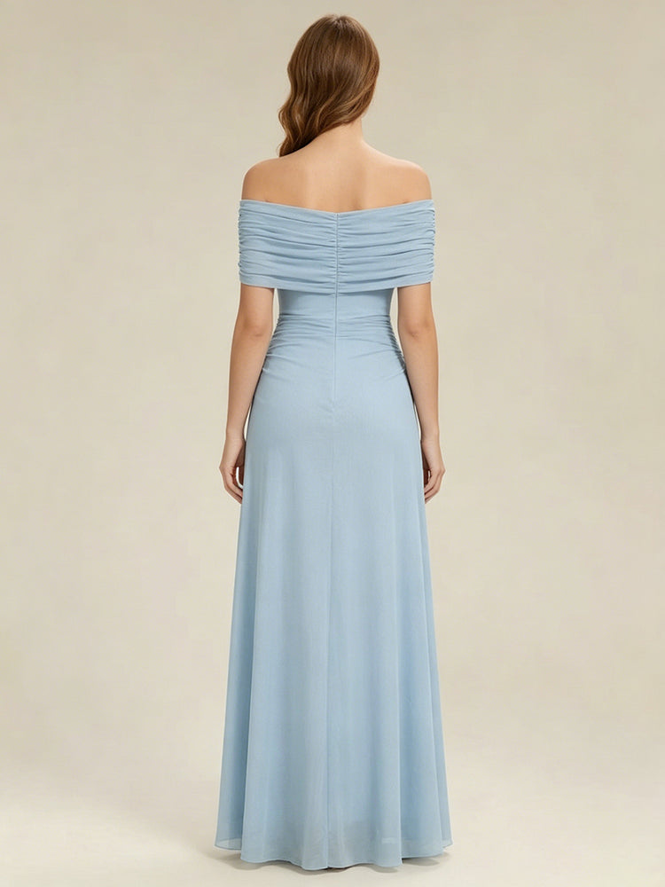 Chiffon A-Line Off the Shoulder Floor Length Ruched Evening Dresses