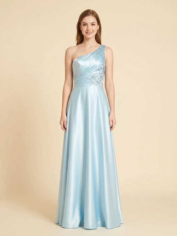 Satin A-Line One Shoulder Long Evening Dresses with Applique